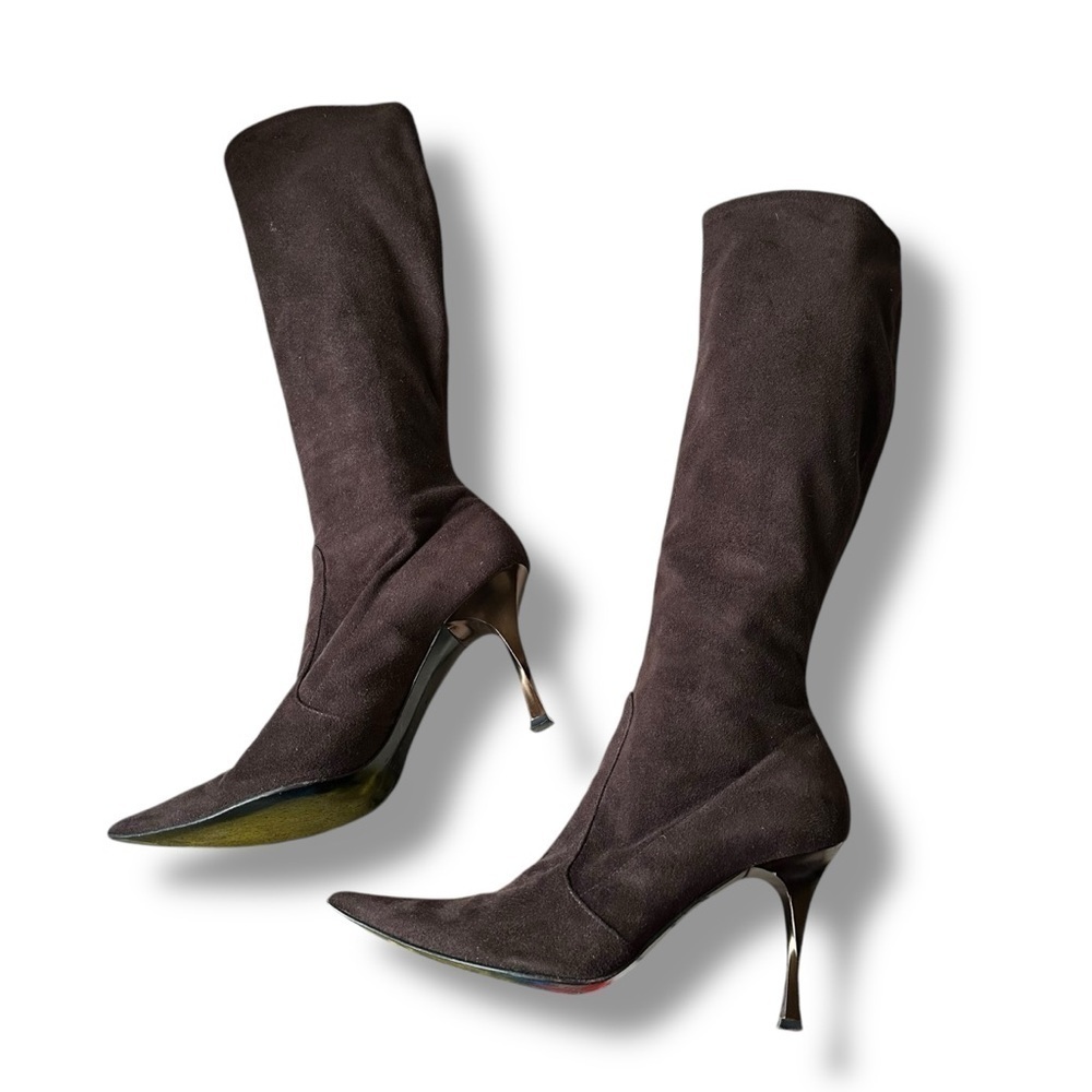 Casadei Blade Knee High Brown Suede Pointed Toe Stiletto Boots Size 8.5